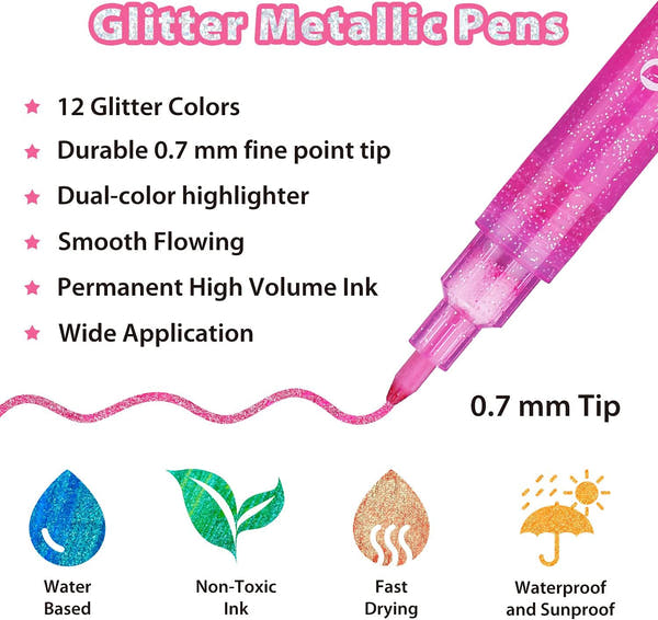 Water-based Ink Glitter Markers Pen for Kids (12 Colors)
