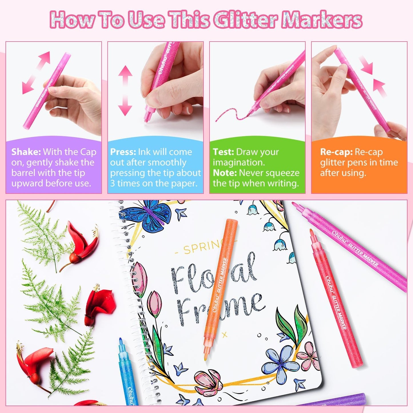 Water-based Ink Glitter Markers Pen for Kids (12 Colors)