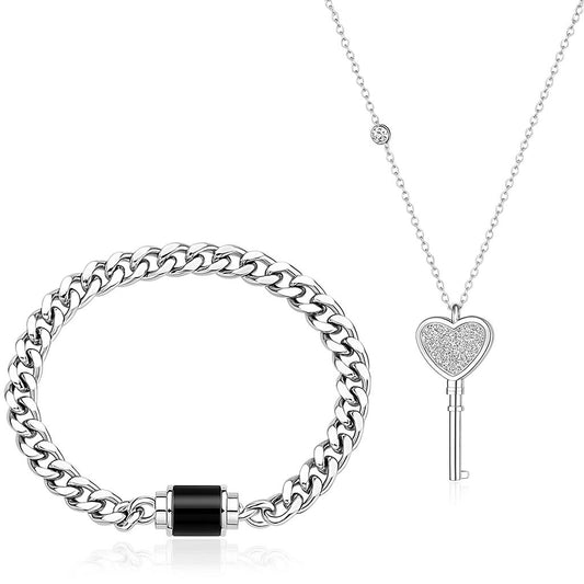 Heart Key Pendant Necklace & Lock Bracelet Set